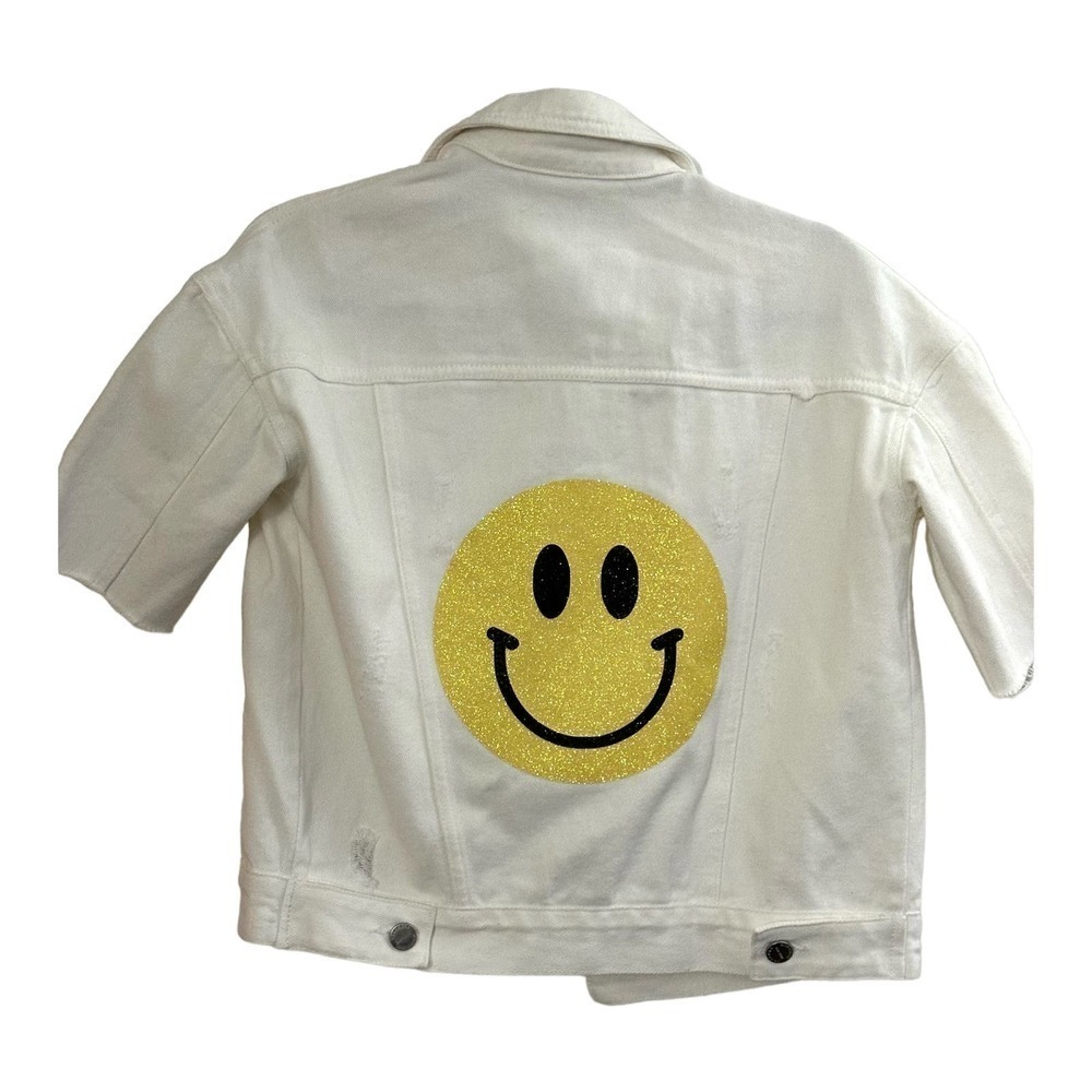 HIPCHIK Couture Short Sleeve Crop Waist Smiley Face Distressed Jean Jacket Small